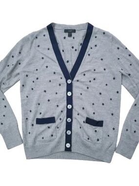 J. Crew Gray Cardigan with Navy Trim and Star Pattern